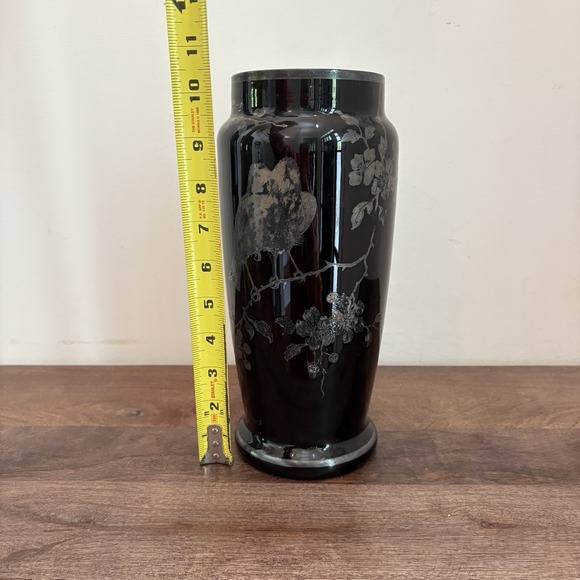 Vintage Czech Black Glass Etched Vase – Birds & Floral – Art Deco Style Moody - Picture 7 of 12